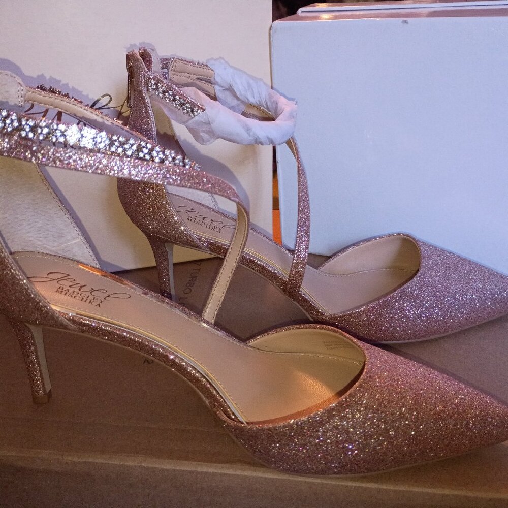 Jewel Badgley Mischka Alaia pointed-toe kitten heel pumps in a sparkling rose go